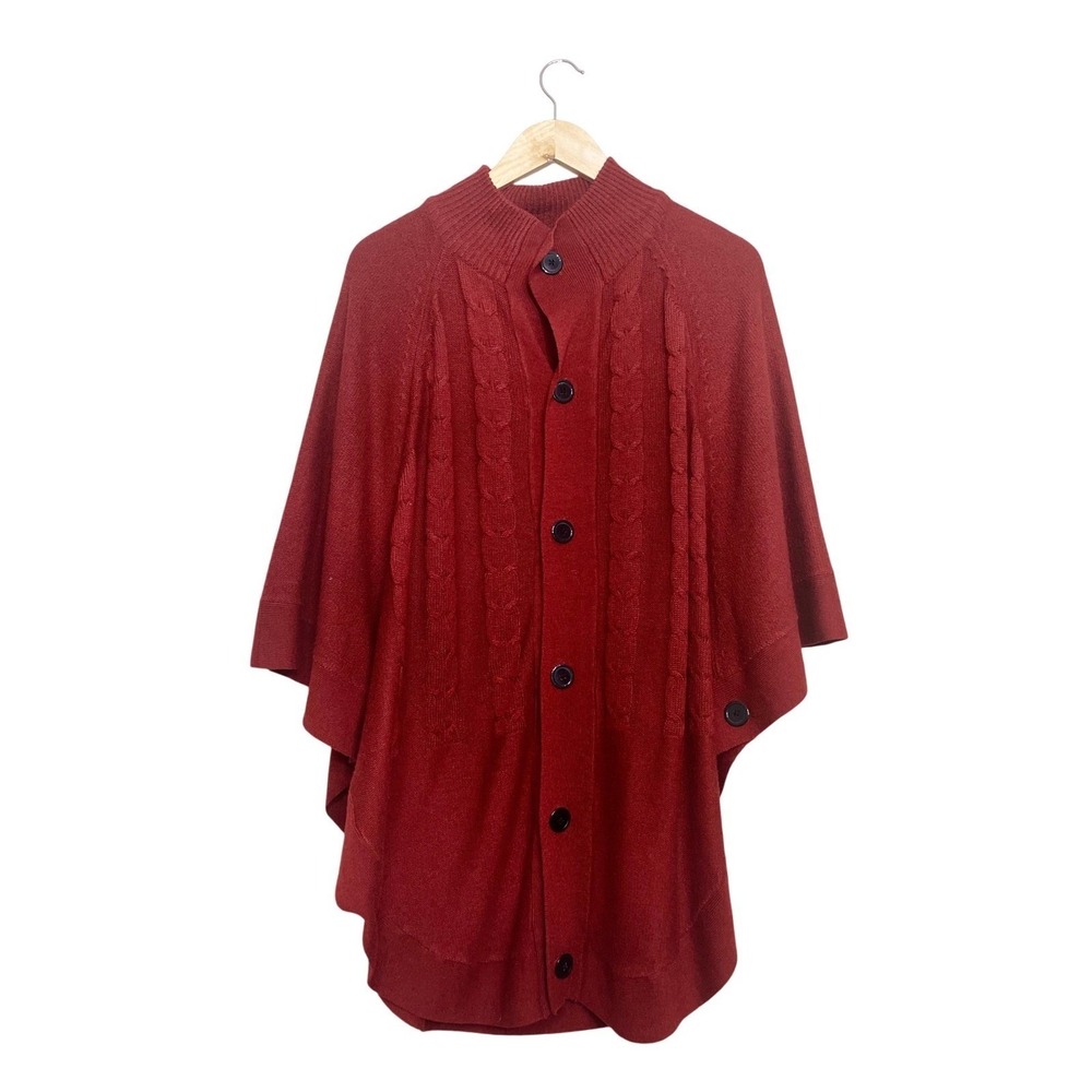 Argee Womens Red Cable Knit‎ Button Front Poncho Sweater Mock Neck L/XL
